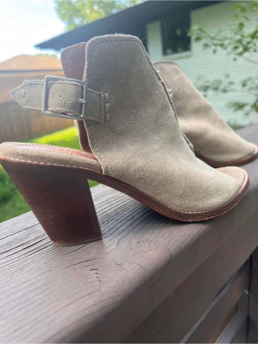 Frye Suede Open-Back Mules in Light Beige